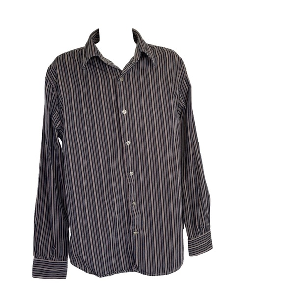 Perry Ellis button down shirt tan and black striped medium - Picture 1 of 3